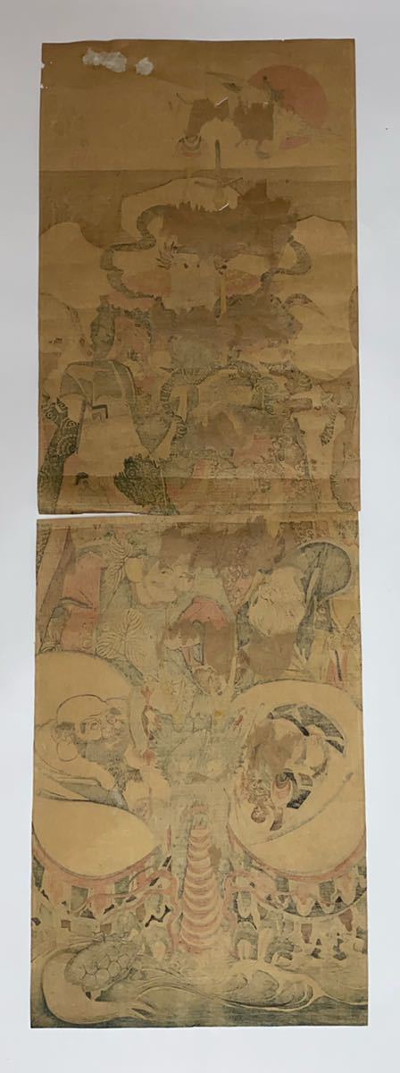 逸品！歌川国芳「七福神 竪二枚続」本物 浮世絵 大判 錦絵 木版画の