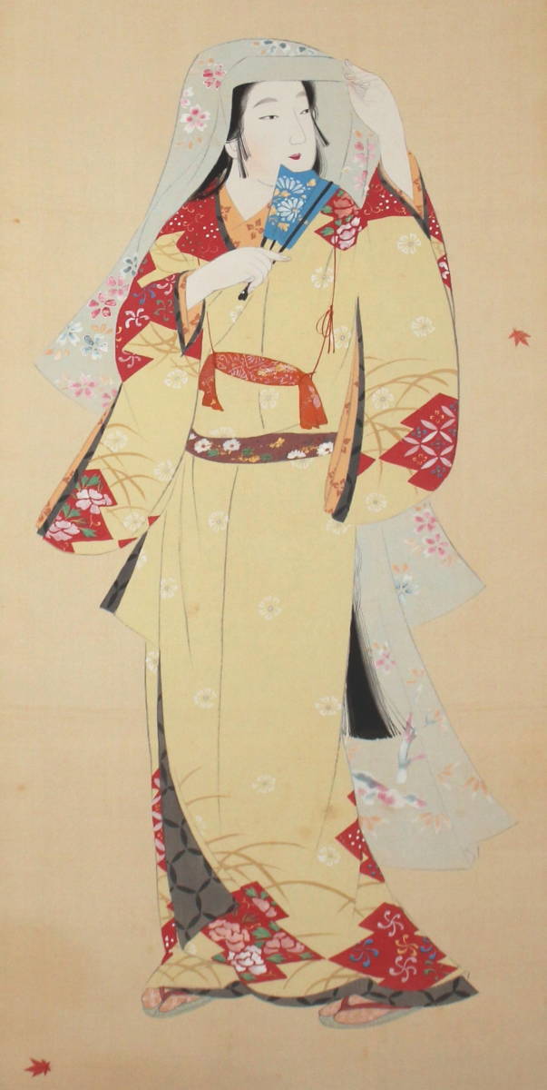 真作保証】 佐藤光華 美人画 秋 紅葉 日本画 絹本 掛軸 合わせ箱 美人