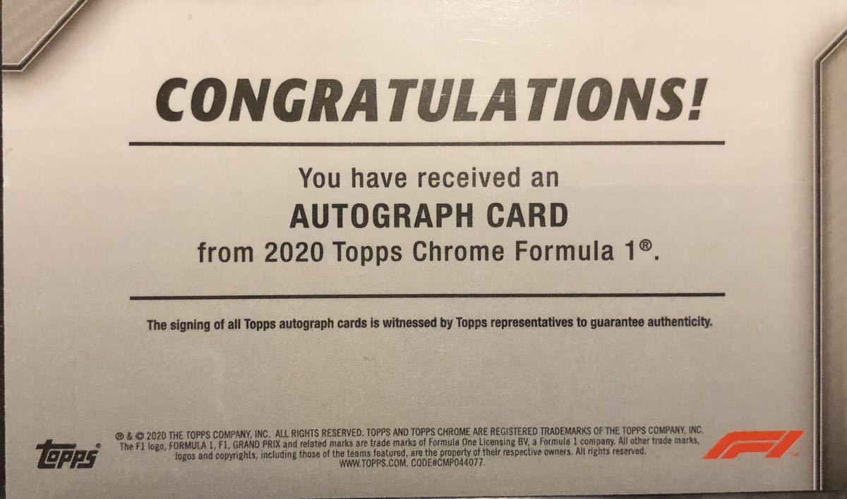 送料無料 F1 2020 Topps Chrome Formula 1 KIMI RAIKKONEN AUTOGRAPH