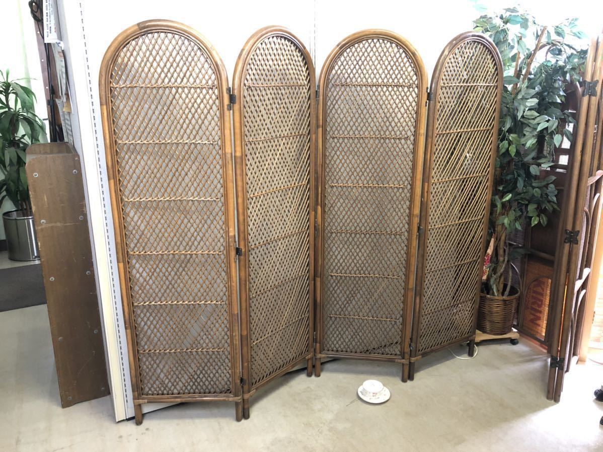 アンティーク ラタン 衝立 間仕切り パーテーション 2連 昭和レトロ