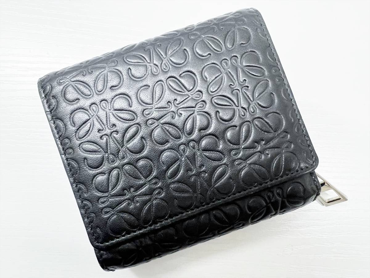 希少 LOEWE ロエベ 二つ折り財布 アナグラム レザー 小型 ジップ 黒