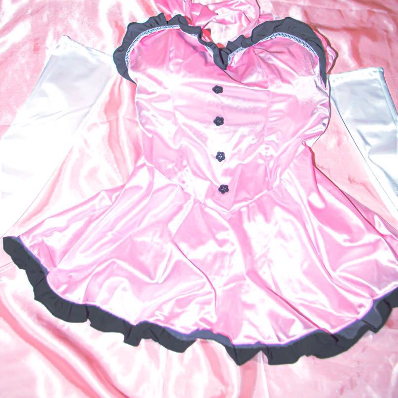 超光沢☆極上サテンメイド服】超大きめ ピカピカ ロリピンク