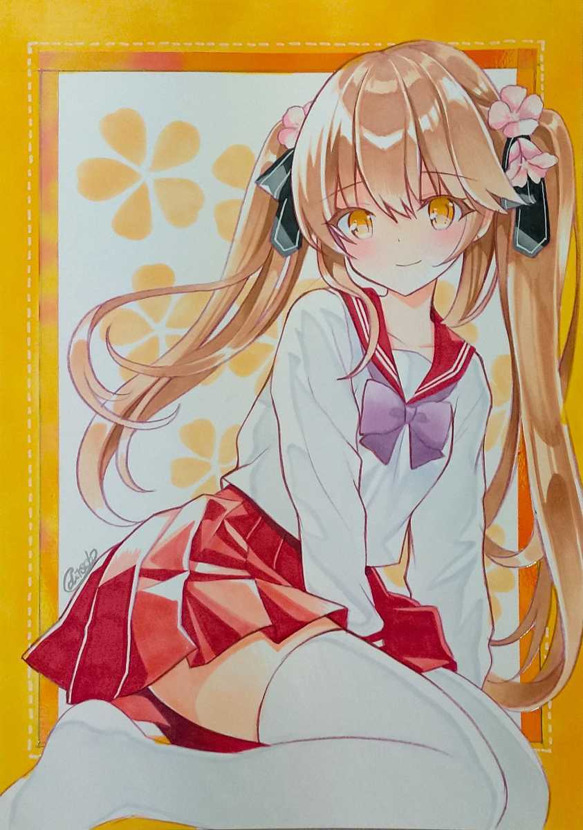 同人手描きイラスト◇オリジナル・白セーラー服の少女◇A4・ケント紙