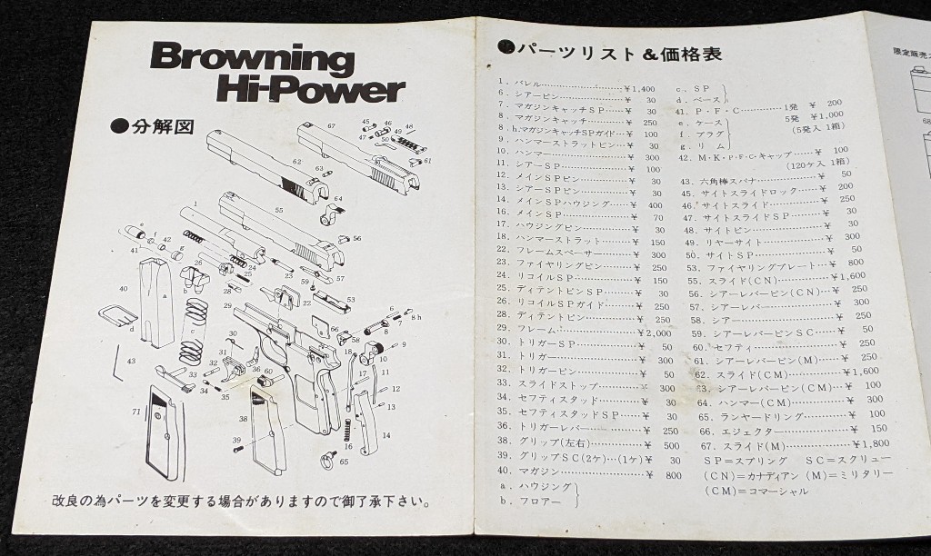 【傷や汚れあり】マルシン ブローニングハイパワー モデルガン取扱説明書★分解図/パーツリスト/操作/分解/組立てに★マルシン モデルガン説明書