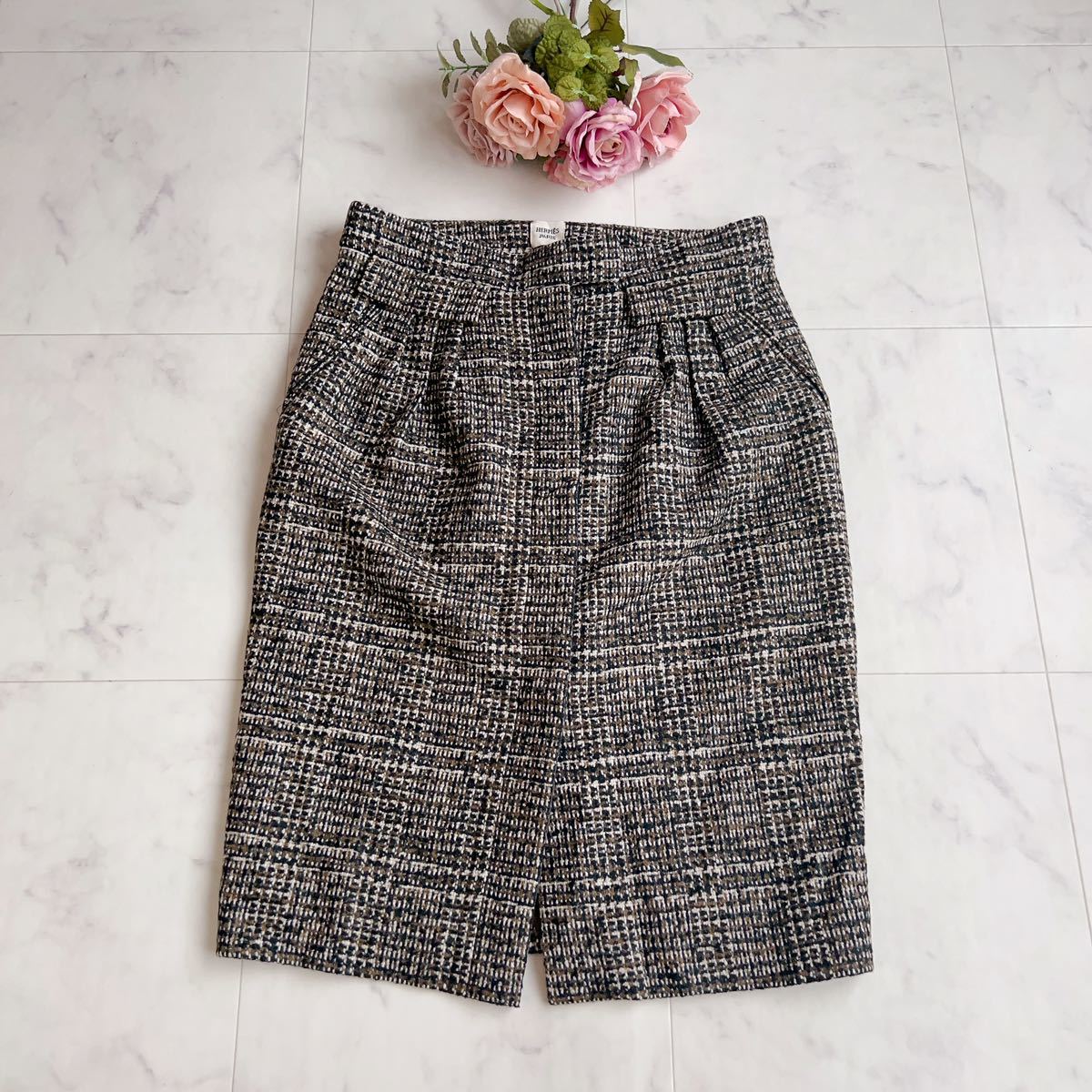 HERMES フランス製 スカート レザー ツイード 千鳥 チェック レトロ  