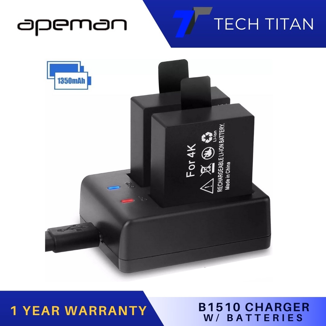 【未使用】【新品】APEMAN アクションカメラ 専用互換バッテリー B1510 1350mAh充電式バッテリー2個 急速デュアル充電器