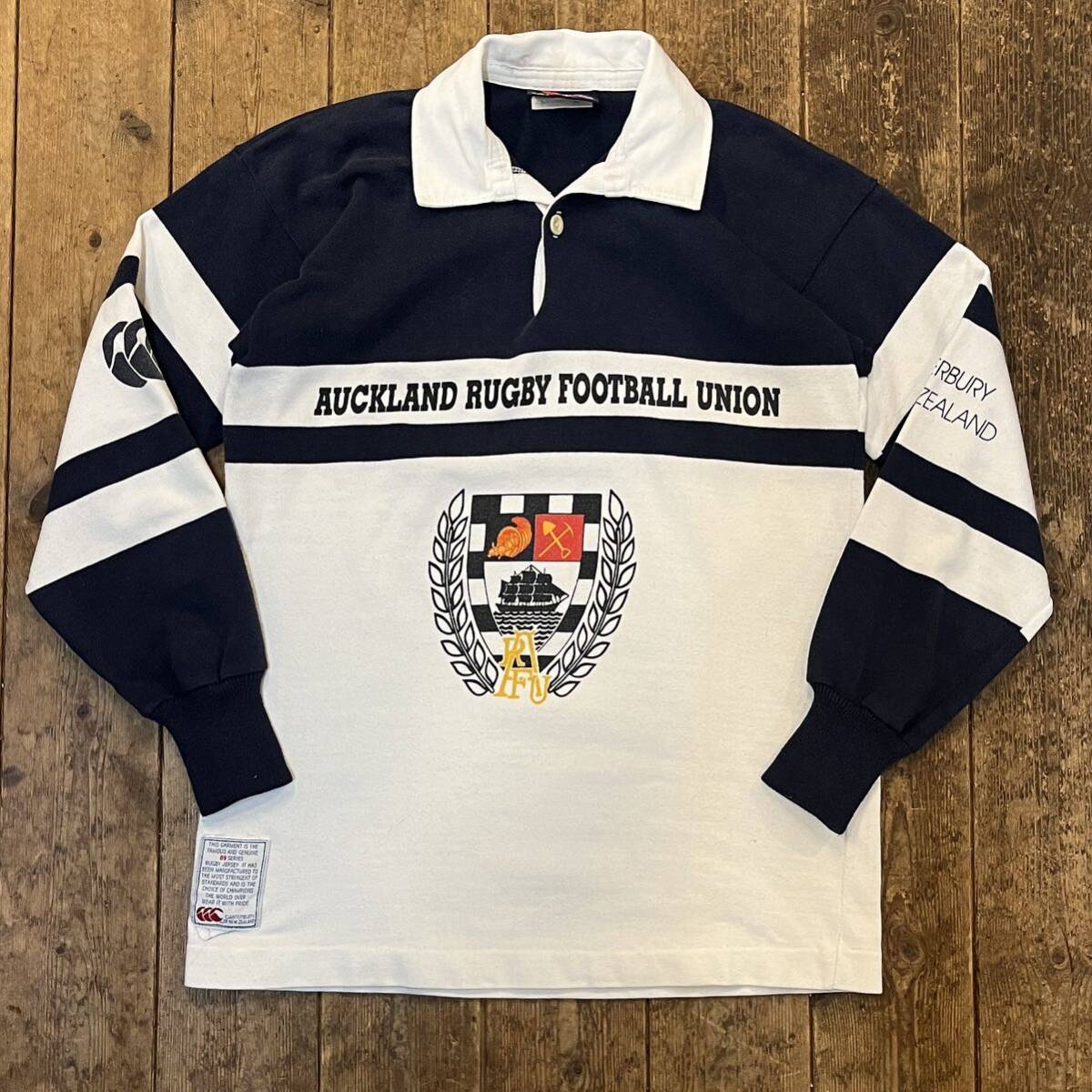 【目立った傷や汚れなし】90年代頃 Canterbury ラガーシャツ 長袖 サイズ38 AUCKLAND RUGBY FOOTBALL
