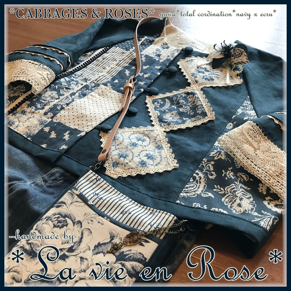 【未使用】*rose made*cabbages&roses*4種素材のタックとパッチとバラレースの羽織りJK*ネイビー&生成り*オリジナル ...