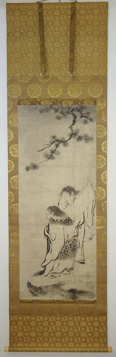 模写室町期-画僧 雪舟 寒山拾得図 墨画 紙本 備中 ⁄ 古画