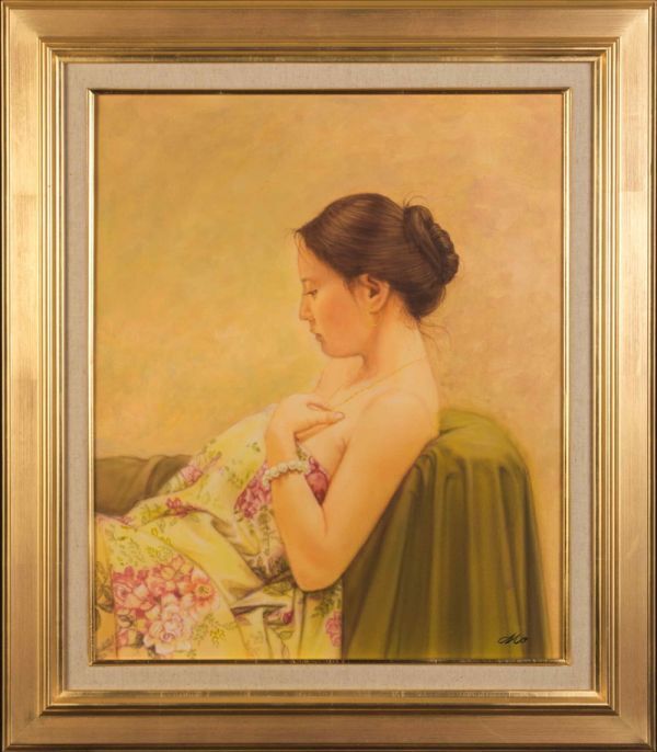 □ 日本人物画 まなざし F6号・額装 森本草介 少女像 中古油彩 □の