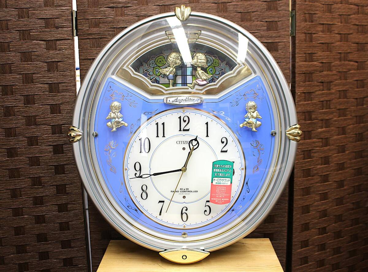 円形掛時計 シルバー/青 6曲メロディー 中古】CITIZEN/シチズン メロディー 全6曲付き 電波時計 壁掛け時計