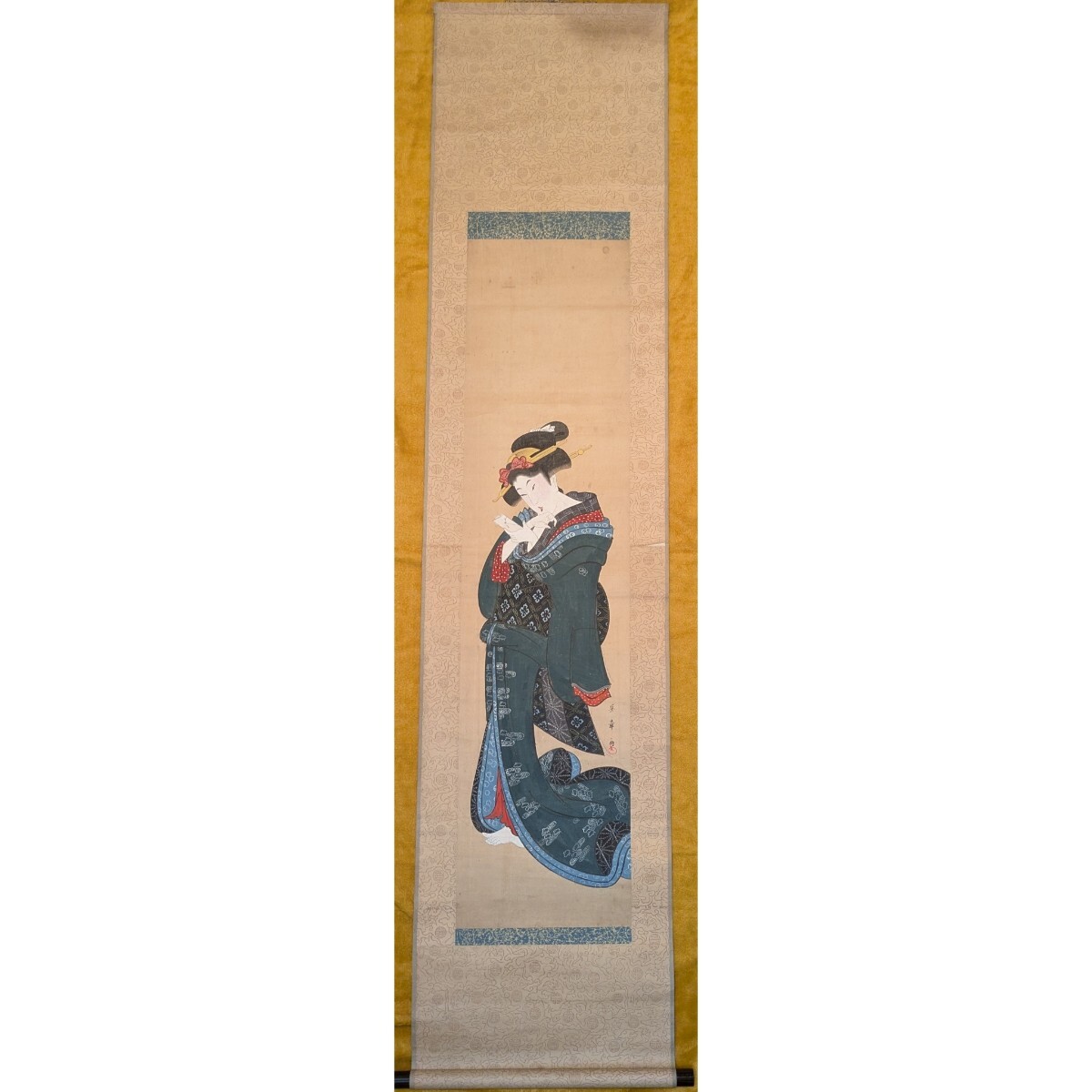 慶應◇江戸時代 肉筆浮世絵 絹本着色『美人舟遊之図』掛軸 美人画 時代