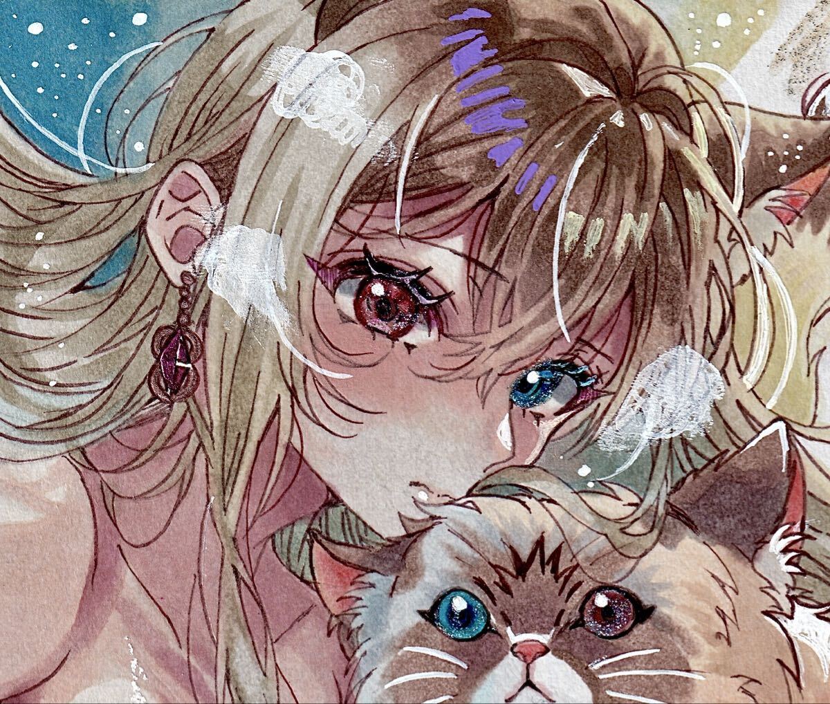 新品】オリジナル 同人手描きイラスト 猫耳少女 オッドアイ 色紙の落札