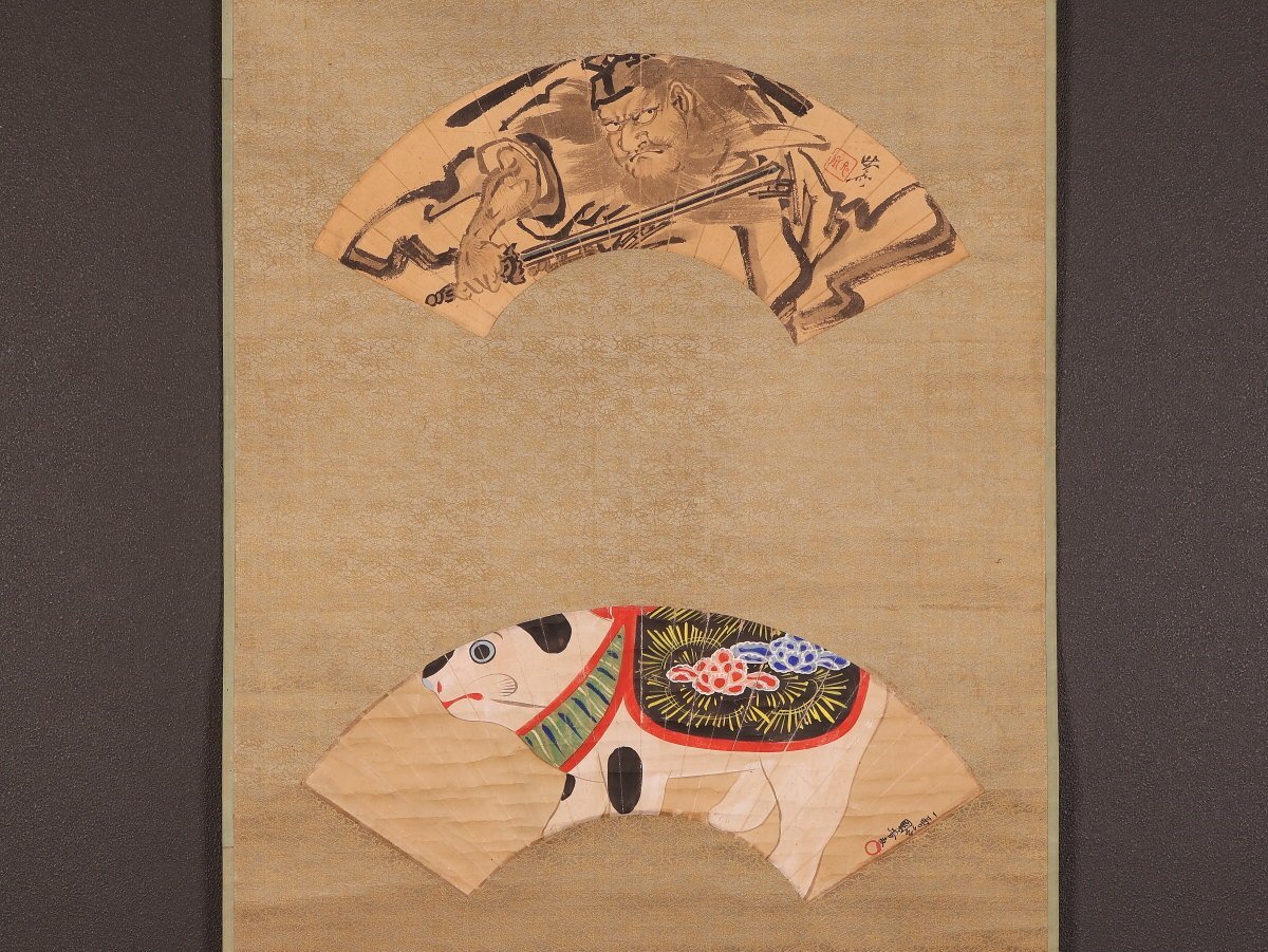 掛け軸】 河鍋暁斎 「猩々図」 絹本 金襴表装 江戸後期の浮世絵師 歌川