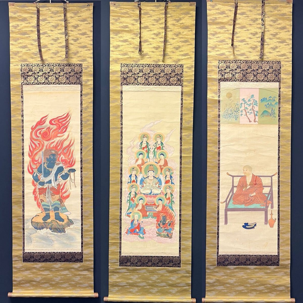 伝来】n9322 三幅対 光明真言曼荼羅 不動明王像 空海像 裏書有 弘法