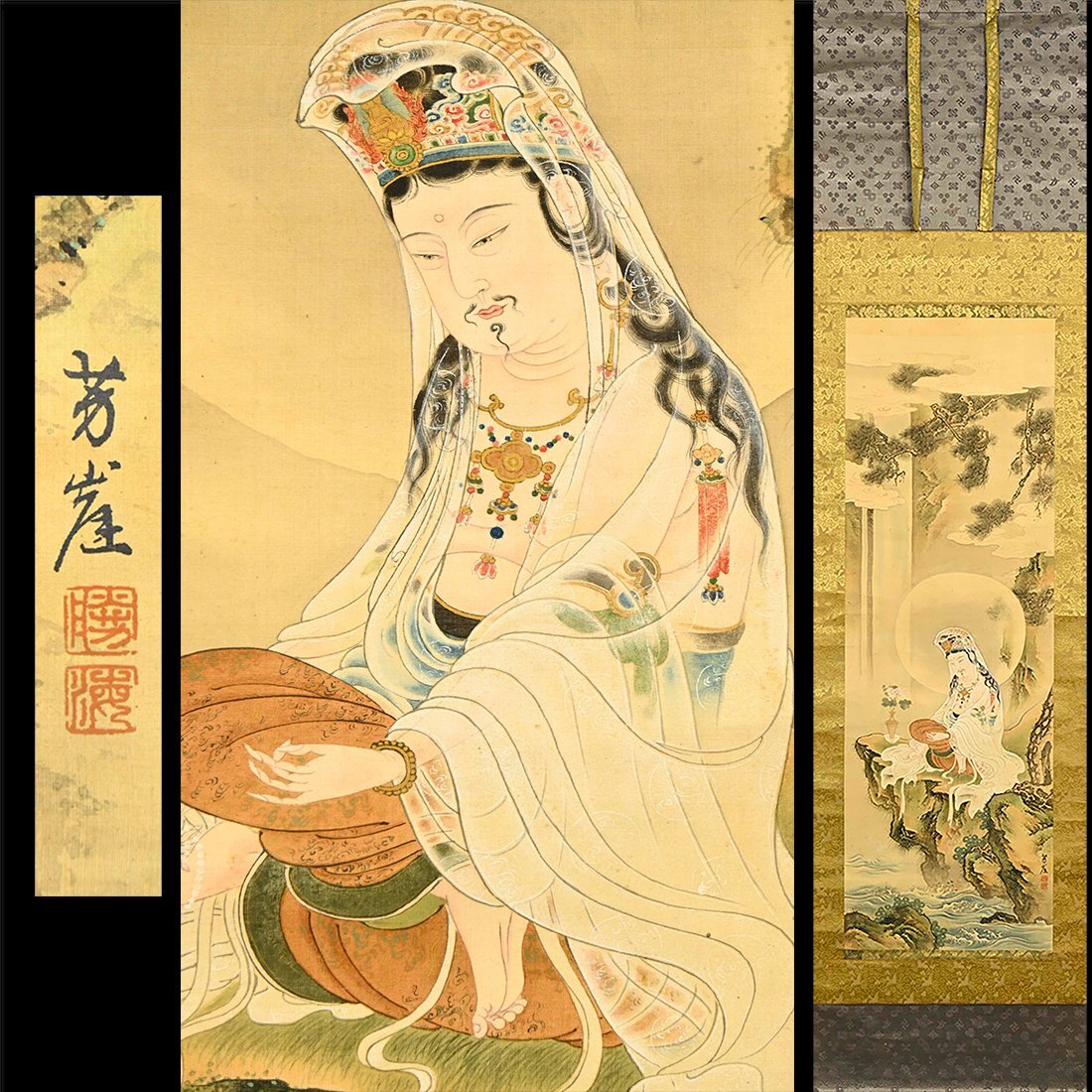 中古】禧雲 在銘 点画図 観音経 『慈母観音』 掛軸 〔絹本 肉筆〕《 検
