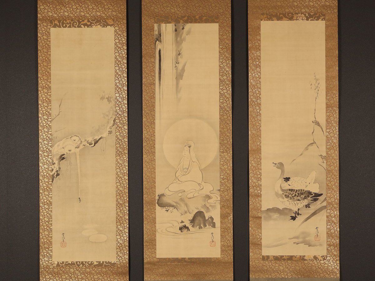 模写】【伝来】M7013〈狩野晴川院養信〉三幅対 春秋富士図 酒井抱祝極