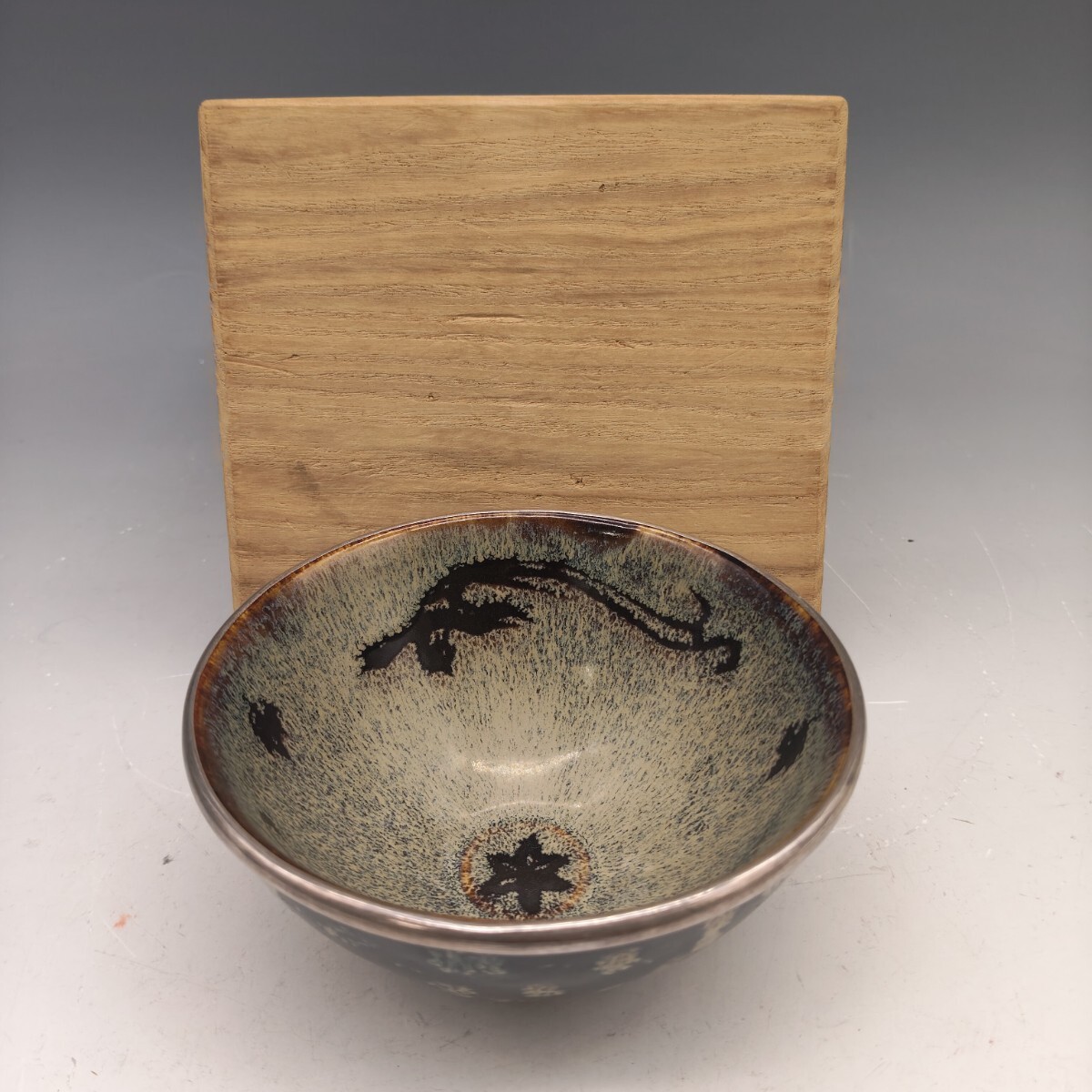 梅花天目茶碗 銀覆輪付天目茶碗 花地文 茶碗 茶道具 茶器 美品 古美術