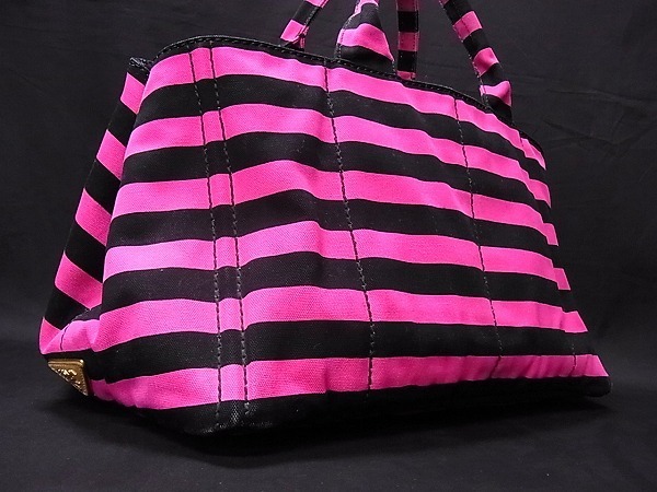 美品 PRADA プラダ ピンクボーダー カナパ 2way ハンドバッグ（1