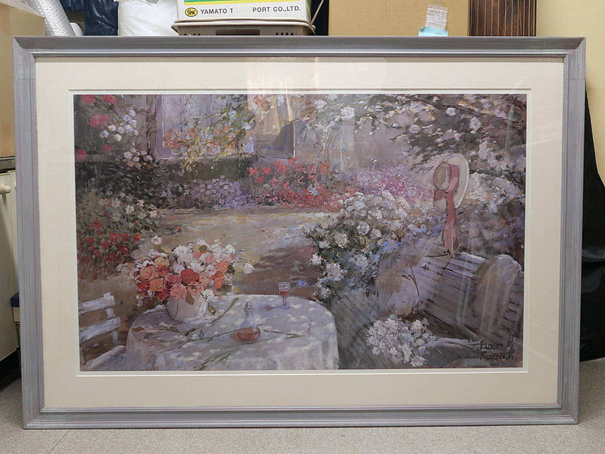 【額装】Floor Koomen 花の作品 版画フラワーアート 約80×60cm ○Floor Koomen 『Untitled Floral Porch』花 フラワー 静物画 大型