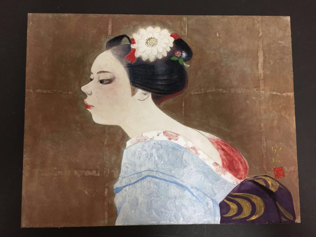 【額装日本画】舞妓図・淡い色彩の美しい作品／和モダンインテリアに　作家　料亭 額装日本画】舞妓図・淡い色彩の美しい作品／和モダンインテリア