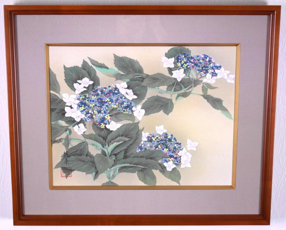 長崎越葉『紫陽花』◇日本画6号◇落款・共シール有◇繊細な色彩
