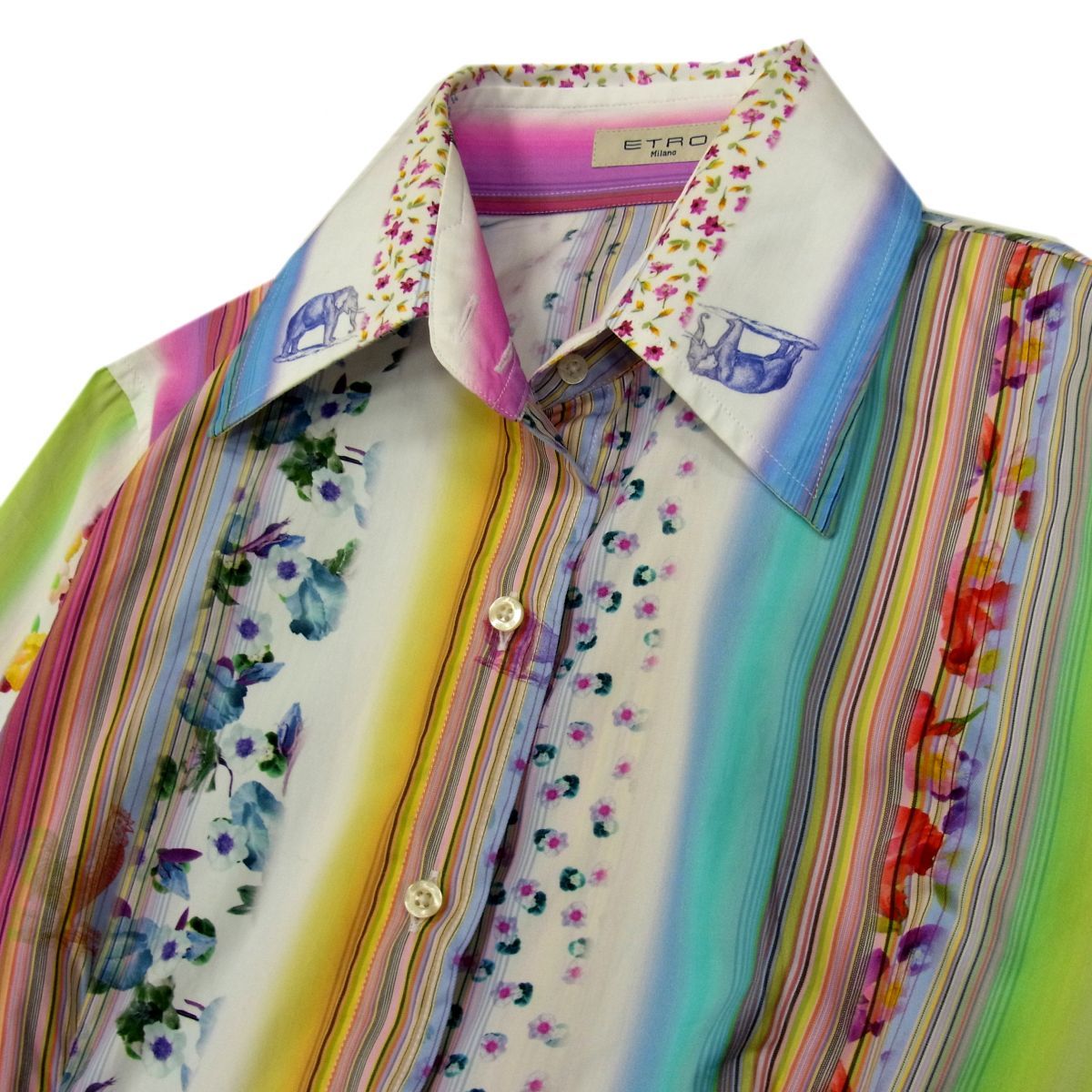 美品◇ETRO エトロ 長袖デザインシャツ マルチストライプ 小花柄 ゾウ 