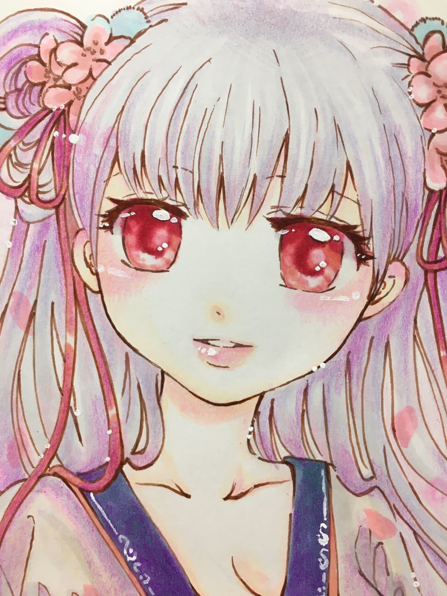 A4手描きイラストオリジナル【桜姫】女の子 中華 ロングヘアー 桜