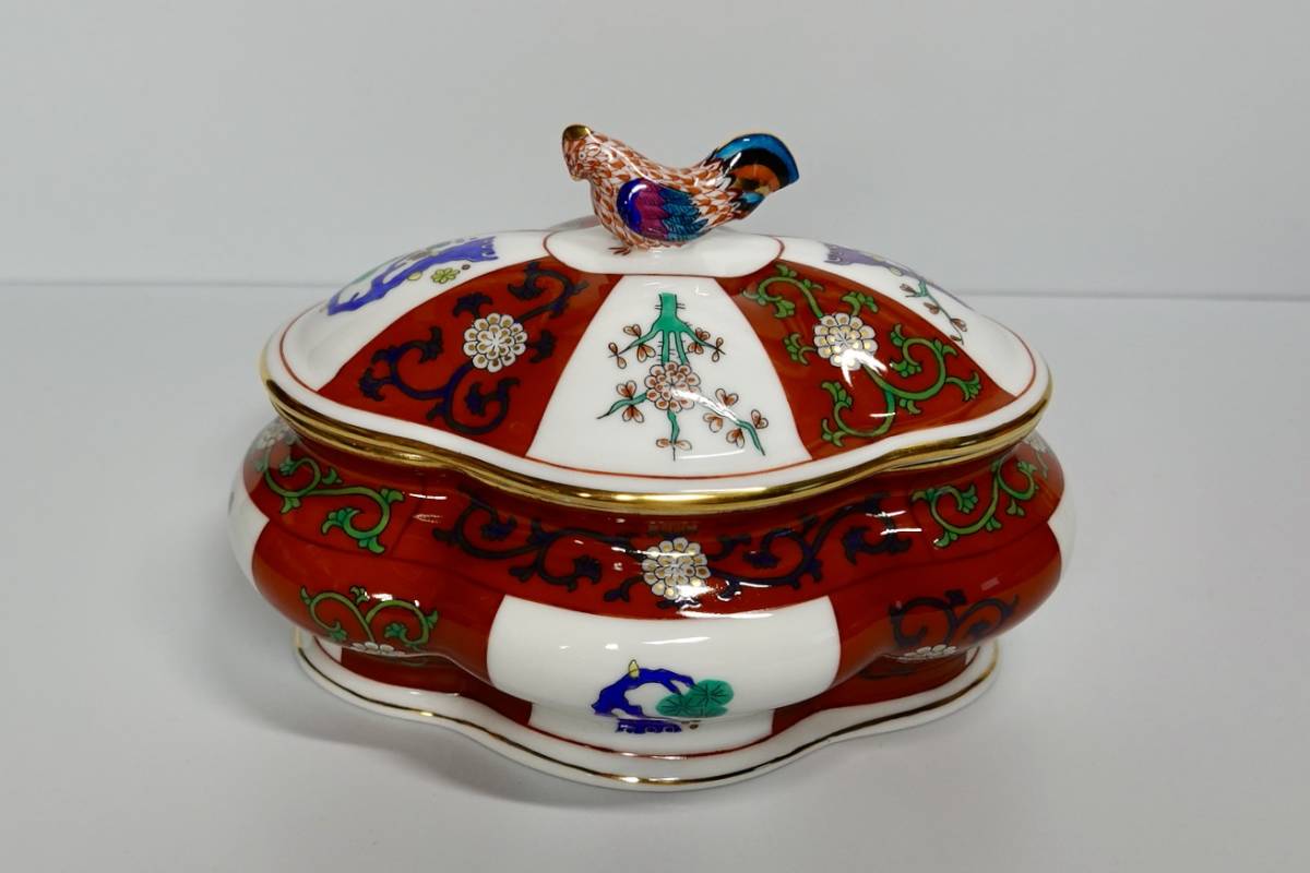 【未使用】激レア未使用品☆ヘレンド（HEREND）社 シノワズリ（マンダリン）カバーポット（ふた付容器）☆ゲデレ（西安の赤）柄☆オーダー品 の