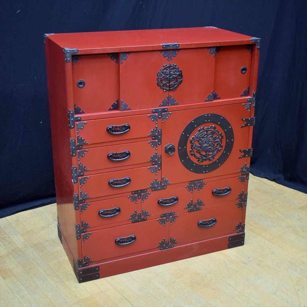 豪華】仙台箪笥様式 中型 朱塗り民芸箪笥 時代家具 【公式通販】