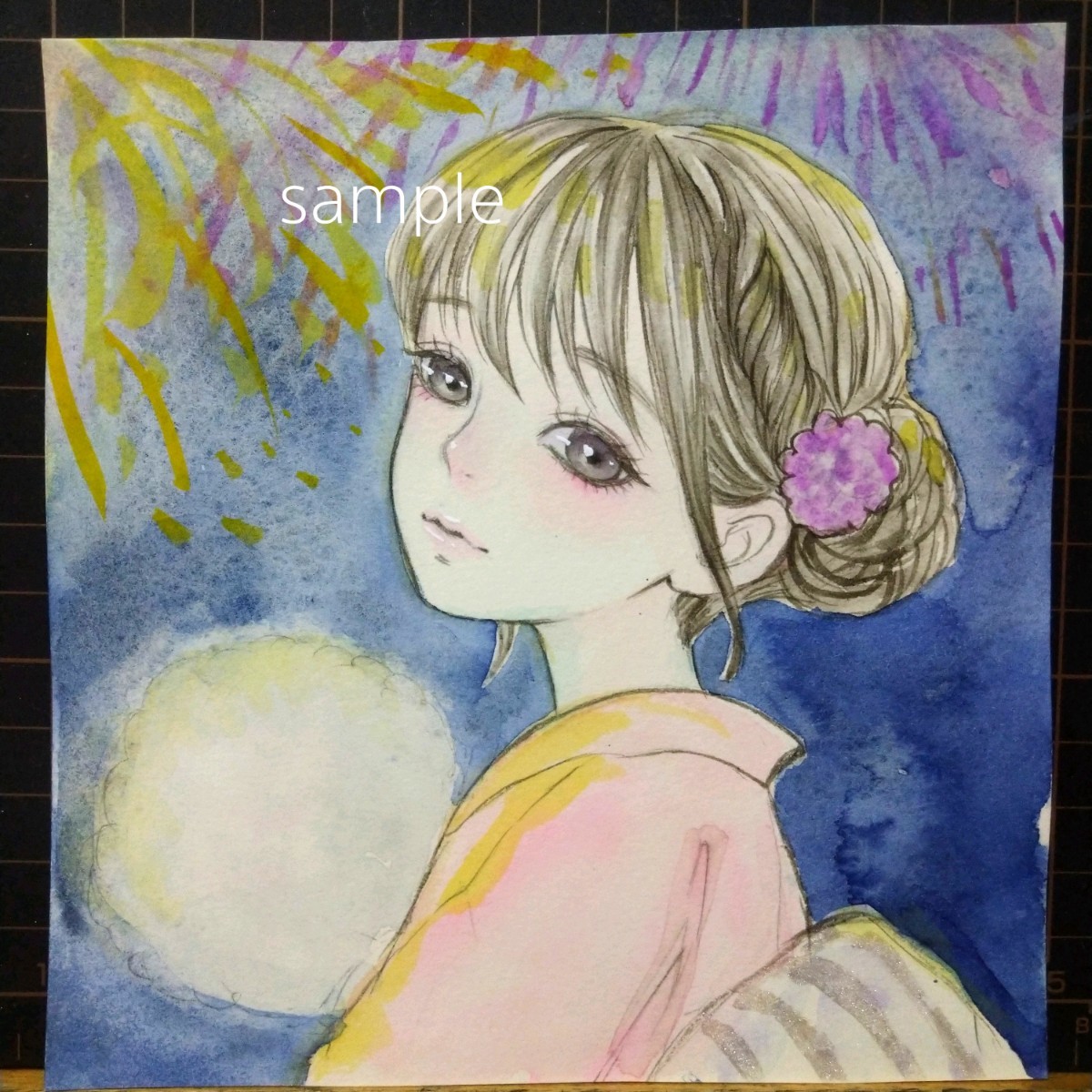 ポストカード 《 花火と浴衣 》オリジナル 手描きイラスト