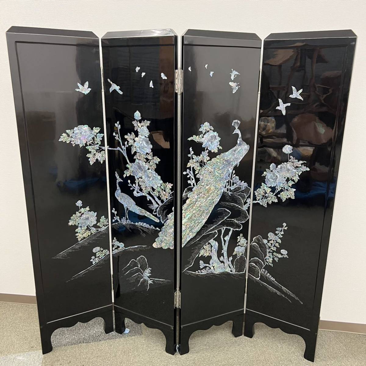 ◇螺鈿 衝立◇螺鈿細工 屏風 パーティション 漆塗 花鳥 中国美術