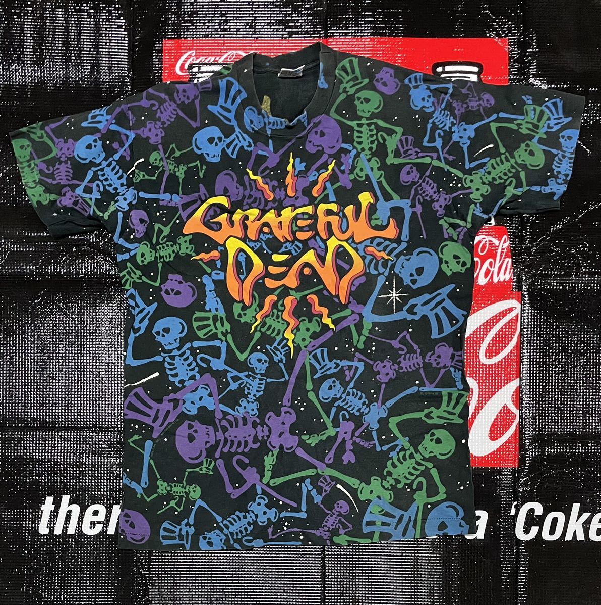 【目立った傷や汚れなし】グレイトフルデッド 総柄 スカルTシャツ XL Grateful Dead リキッドブルー USA製 ビンテージ 髑髏