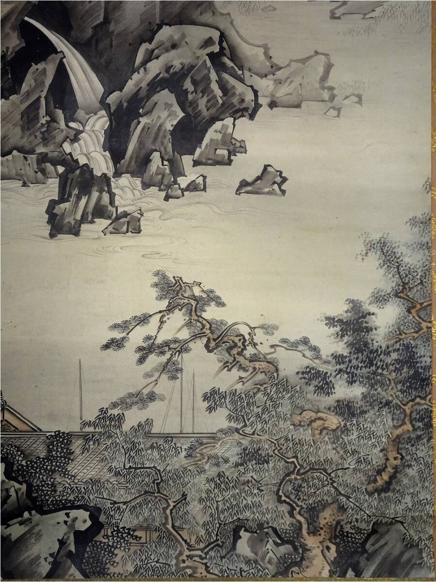 中古】狩野洞春 筆『月に人物』掛軸〔絹本 肉筆〕木箱付き / 狩野派