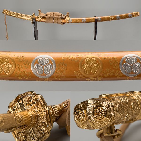 中古】八代将軍徳川吉宗公佩用 葵紋散黄金造毛抜形太刀拵 模造刀