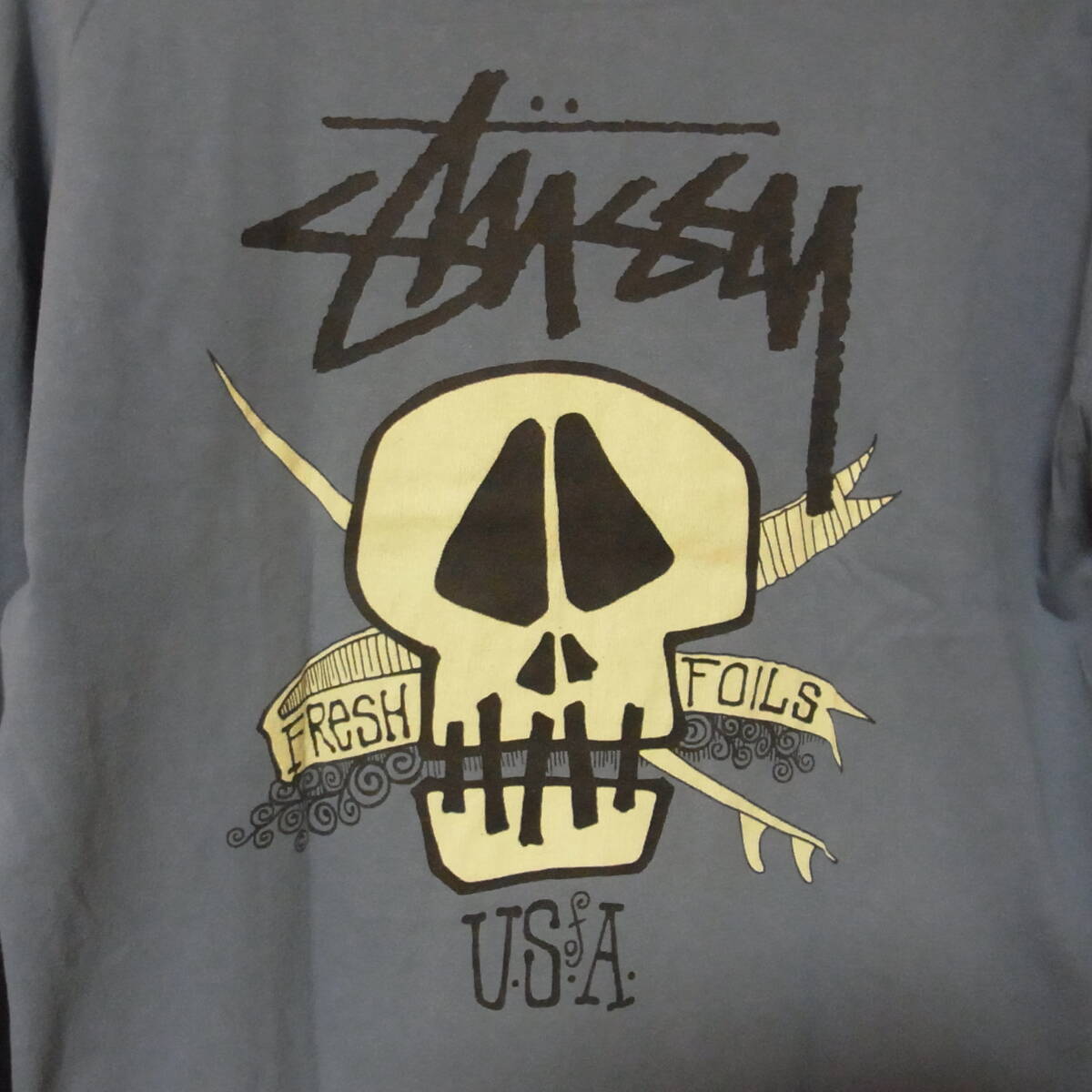 90s メキシコ製 STUSSY 黒タグ ロンT グレー Mサイズ ガイコツ ドクロ