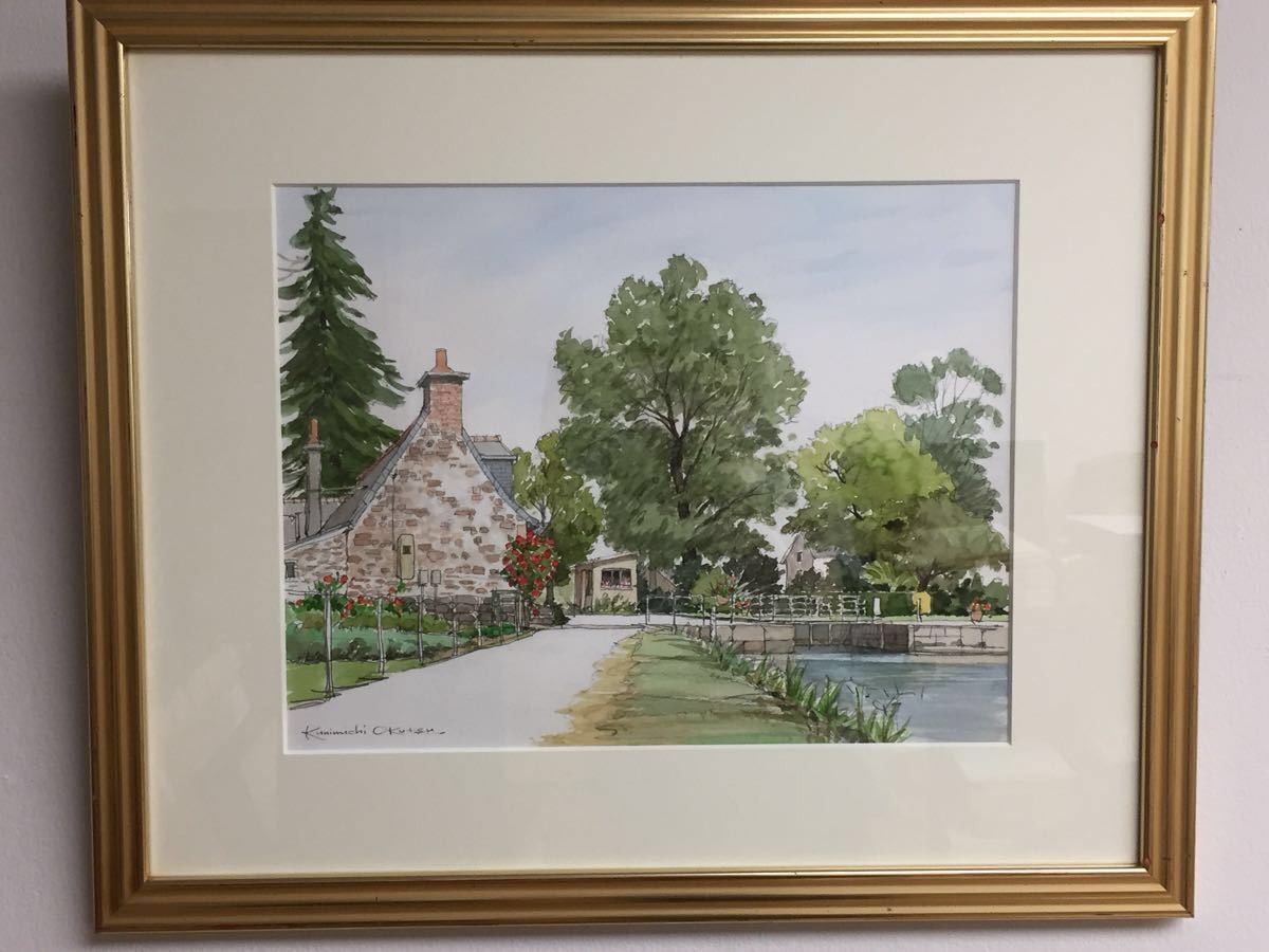 奥津国道　Kunimichi Okutsu 「ベルベスの空と丘」 額　絵画　新品 奥津 国道 おくつ くにみち 画家 Kunimichi Okutsu 水彩画 額 風景