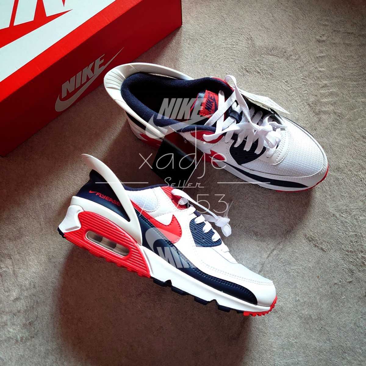 新品 新品 正規品 Nike ナイキ Air Max エアマックス 90 フライイーズ 箱付き 白 紺 赤 ネイビー レッド トリコロール 27cm Us9 の落札情報詳細 ヤフオク落札価格情報 オークフリー スマートフォン版