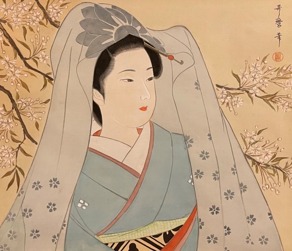 模写】江戸期-浮世絵師・狂歌師 喜多川歌麿「桜下美人圖」 絹本 木村東