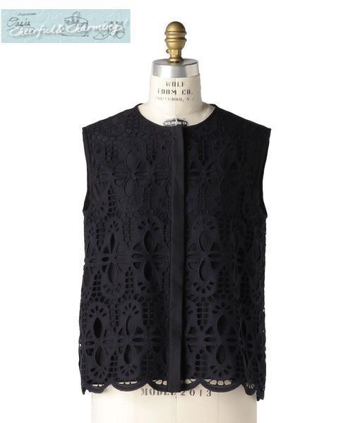 DRAWER / ノースリーブブラウス/36/コットン/NVY/無地/6521-299-0995 Drawer コットンレースレースノースリーブブラウス 36 ネイビー '20年