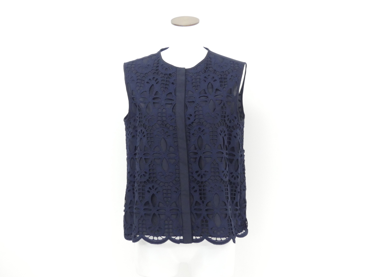 Drawer コットンレースレースノースリーブブラウス 36 ネイビー '20年