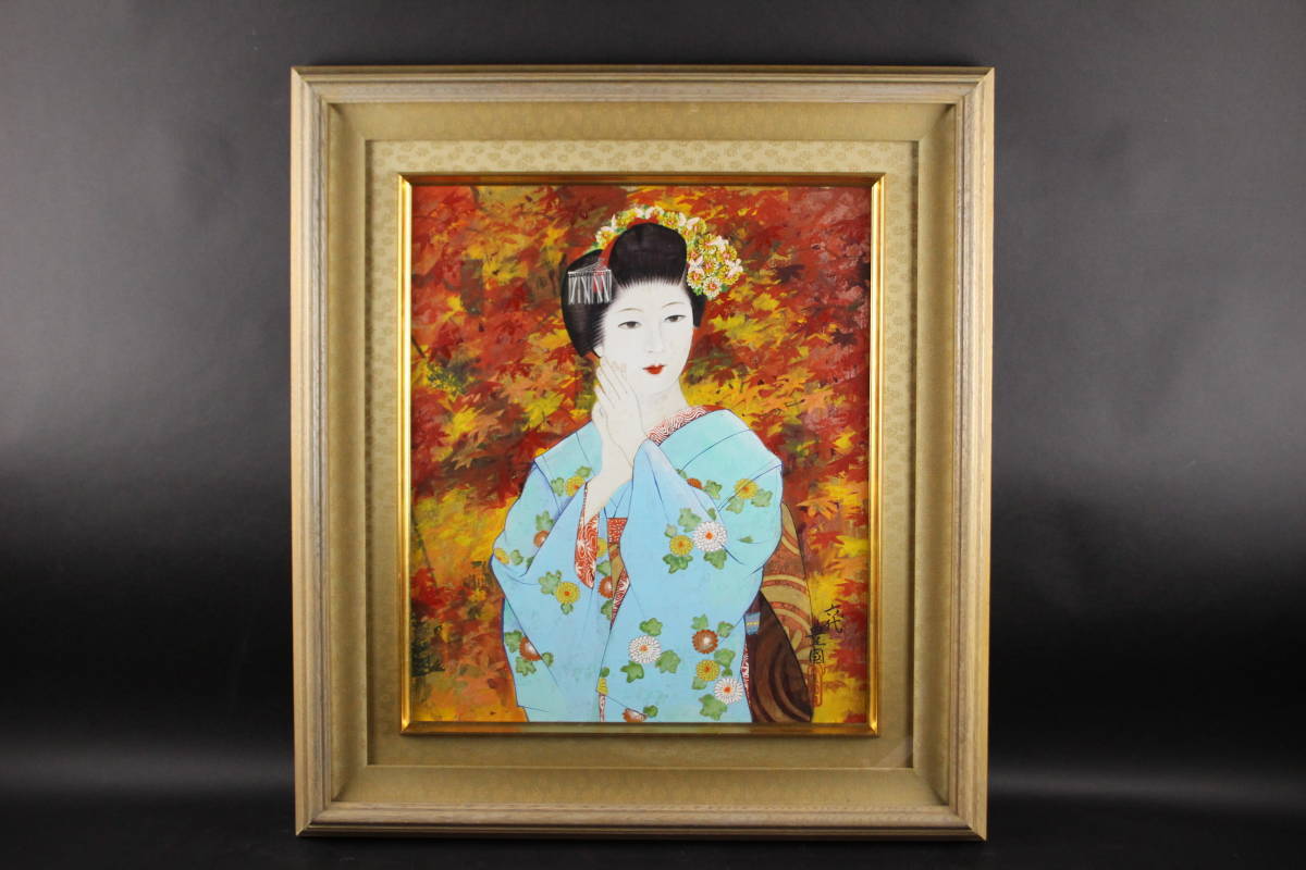 朱】真作保証 浮世絵師 六代歌川豊国 「晩秋」 肉筆日本画10号 共