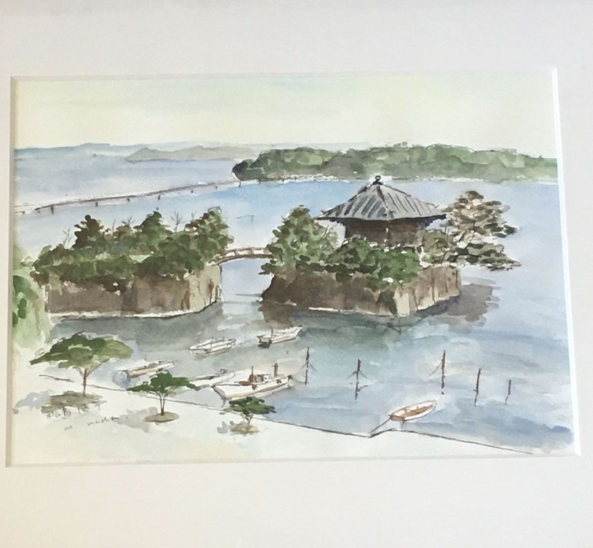 やや傷や汚れあり】上田稔 画家 「松島風景」水彩画 自筆サイン 額装