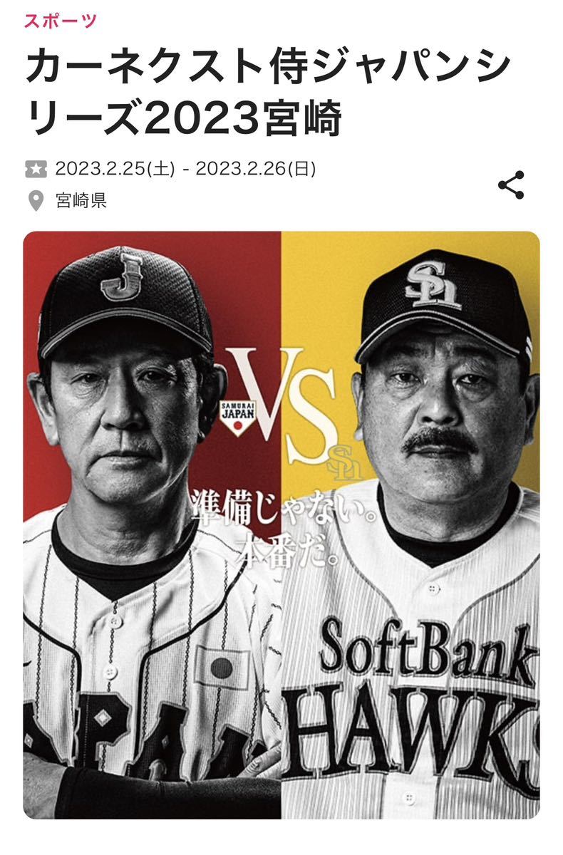 侍ジャパンシリーズ宮崎2/26チケット2枚