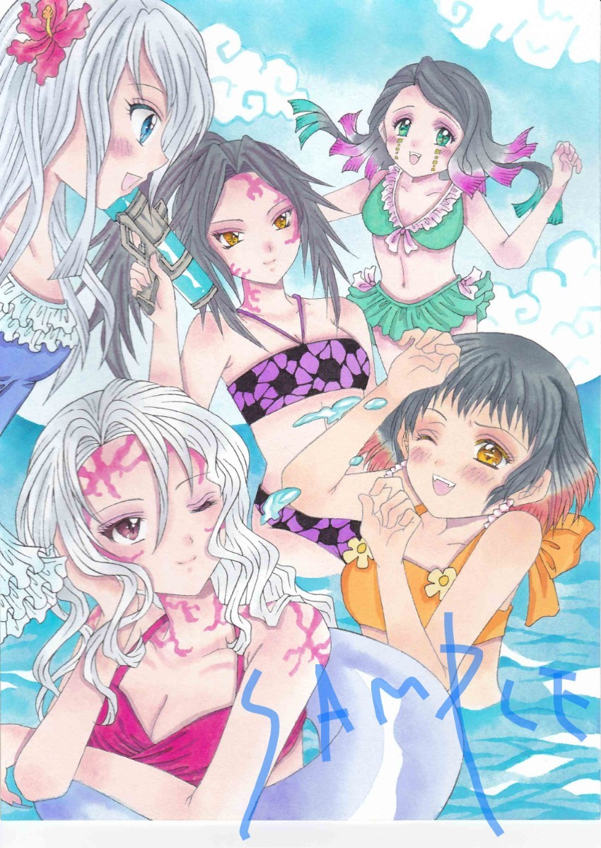 未使用】手描きイラスト 水着 鬼滅の刃 無惨 黒死牟 梅 魘夢 朱紗丸