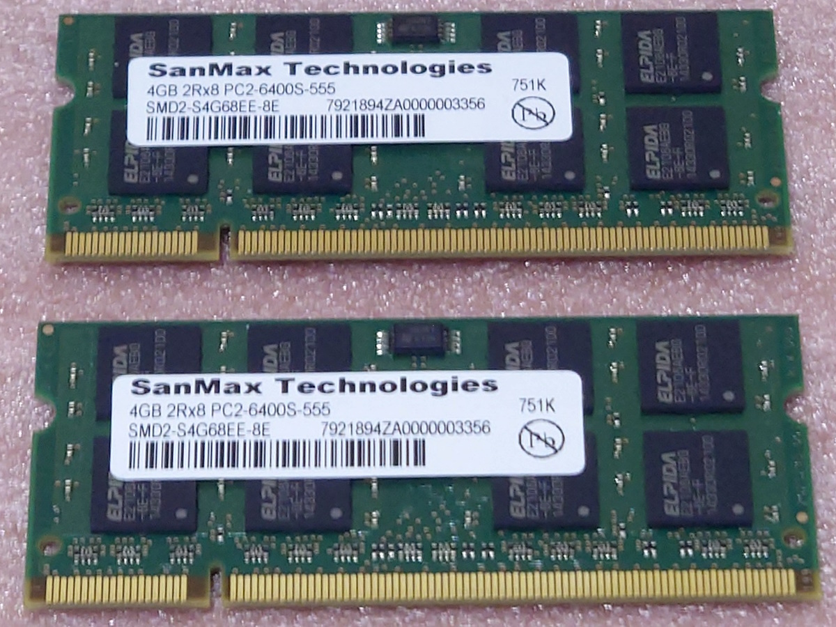 【目立った傷や汚れなし】 SanMax SMD2-S4G68EE-8E 2枚セット *PC2-6400S/DDR2-800 エルピーダチップ ...