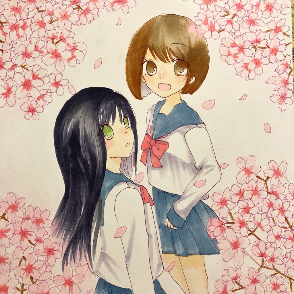 手描きイラスト オリジナル 創作 原画 花 ピンク 女の子 春 イースター