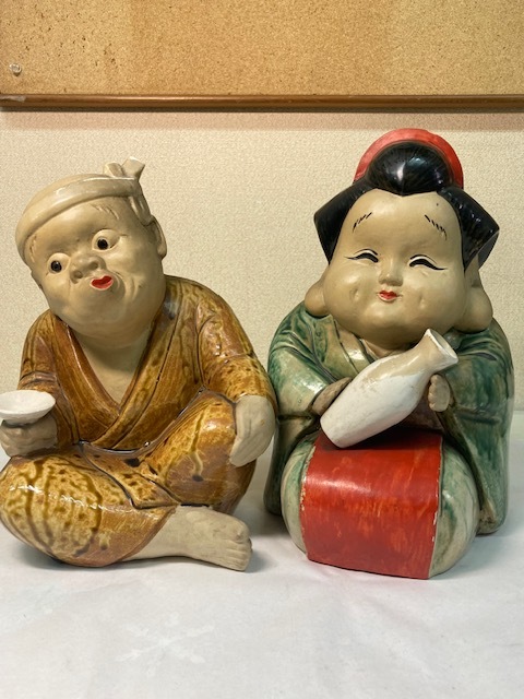 木彫りおかめひょっとこ置物オブジェ彫刻縁起物