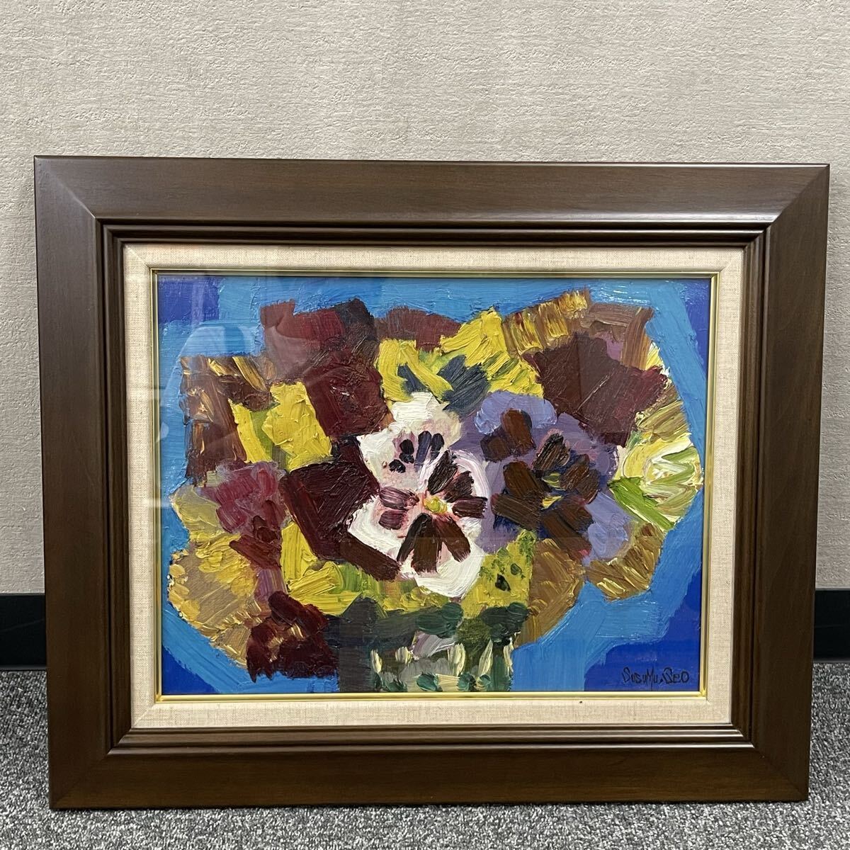 瞬間的お値下げ‼️とても素敵なパンジーの花の油彩画 ゴールドフレーム