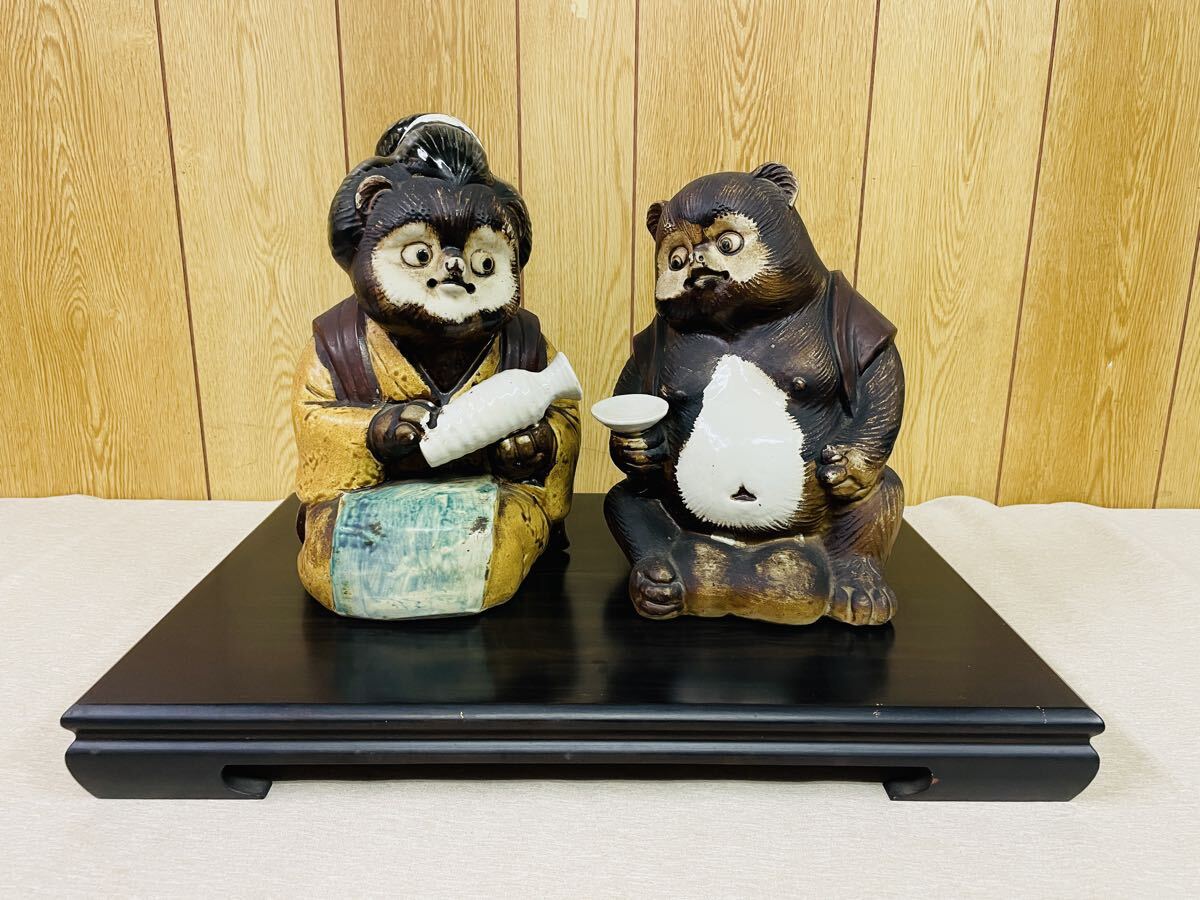 魁】旧家蔵出し 時代物 明治～大正 古い信楽焼 狸 たぬき 置物 高さ55